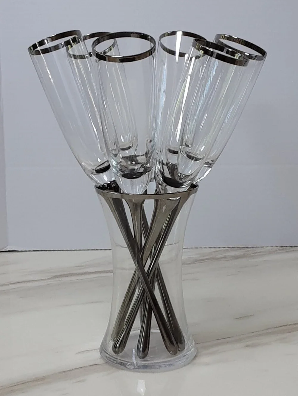 Z-Galleries Champagne Toasting Flutes Silver-Rim Clear Glass Bouquet Set